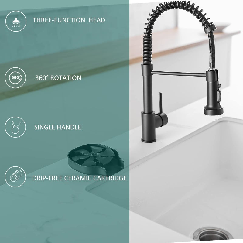 Hoimpro Matte Black Spring Kitchen Faucet with Pull Down Sprayer, Rv Kitchen Sink Faucets with Pull-Down Sprayer, 3 Function Single Handle Laundry Faucet - Image 5